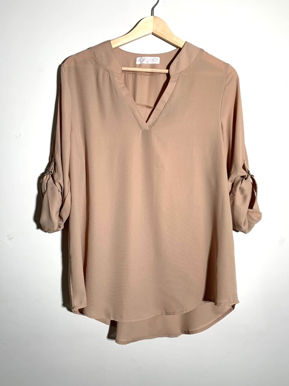 Camel Chiffon V-Neck Roll-Tab Sleeve Blouse Dress Business Casual M